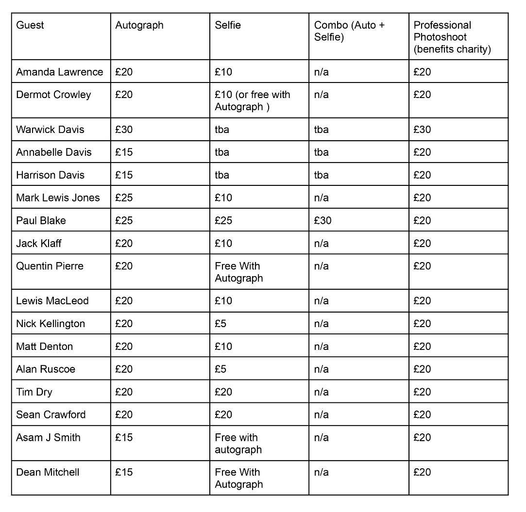 Autograph & Selfie Prices